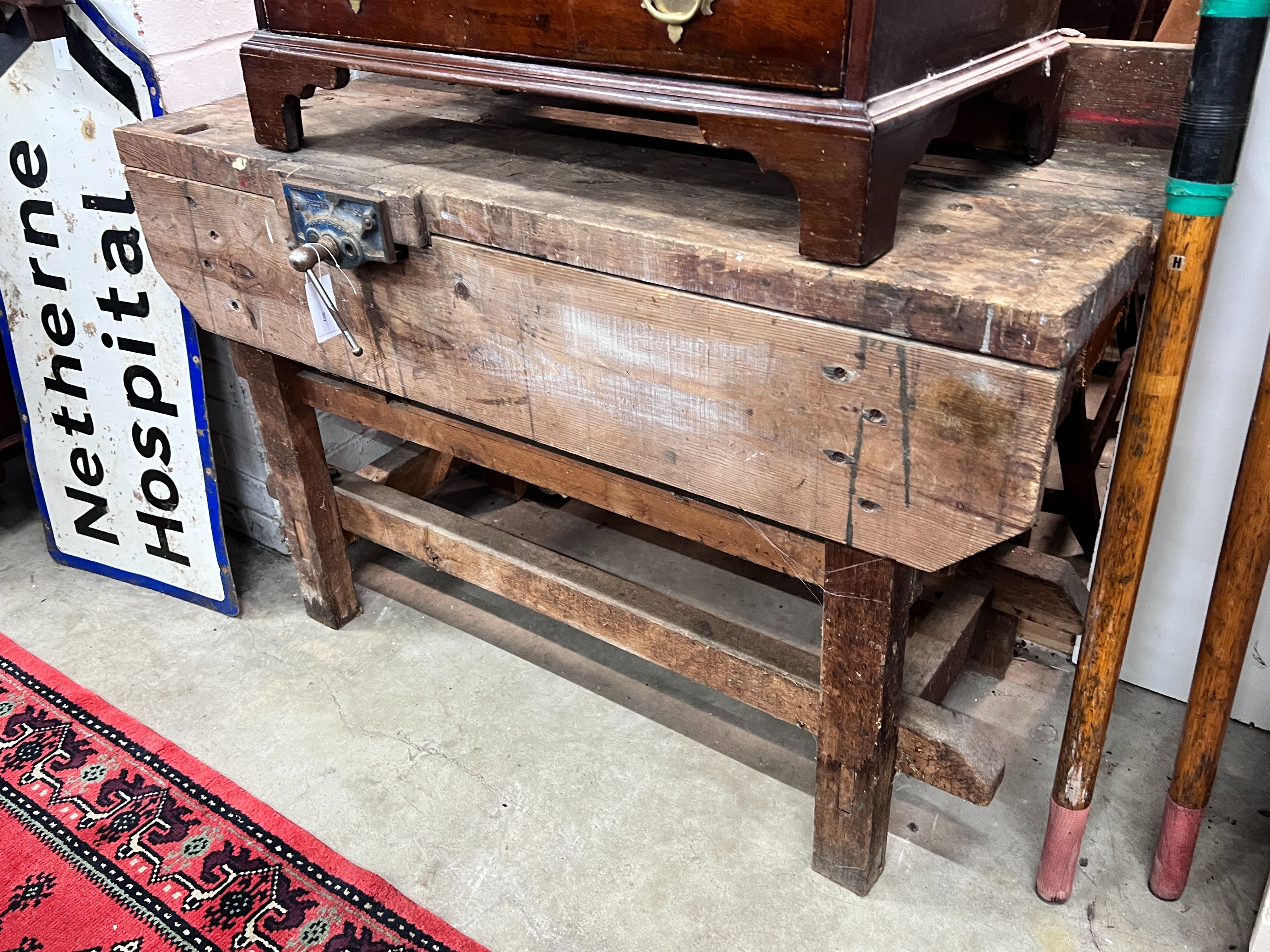 A vintage pine workbench with vice, width 122cm, depth 53cm, height 87cm